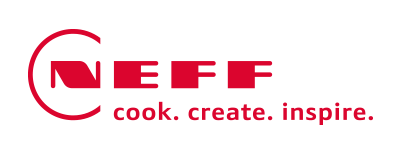 Neff Logo in Rot mit Slogan „cook. create. Inspire.“ darunter, modernes und elegantes Design.